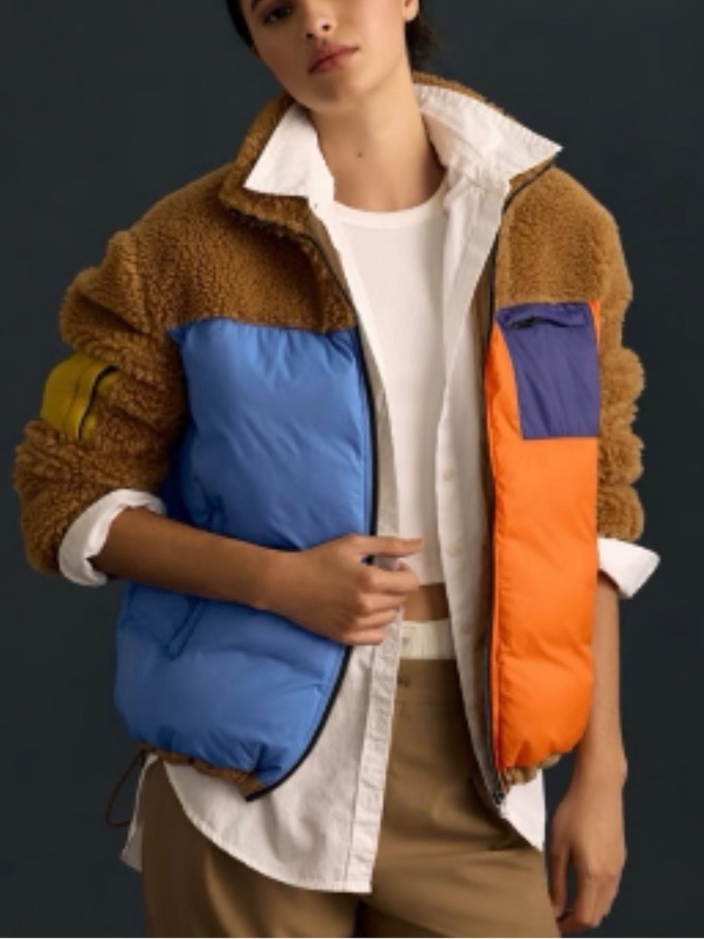 KULE Colorblock Teddy Sherpa Puffer Jacket in Tan, Blue & Orange